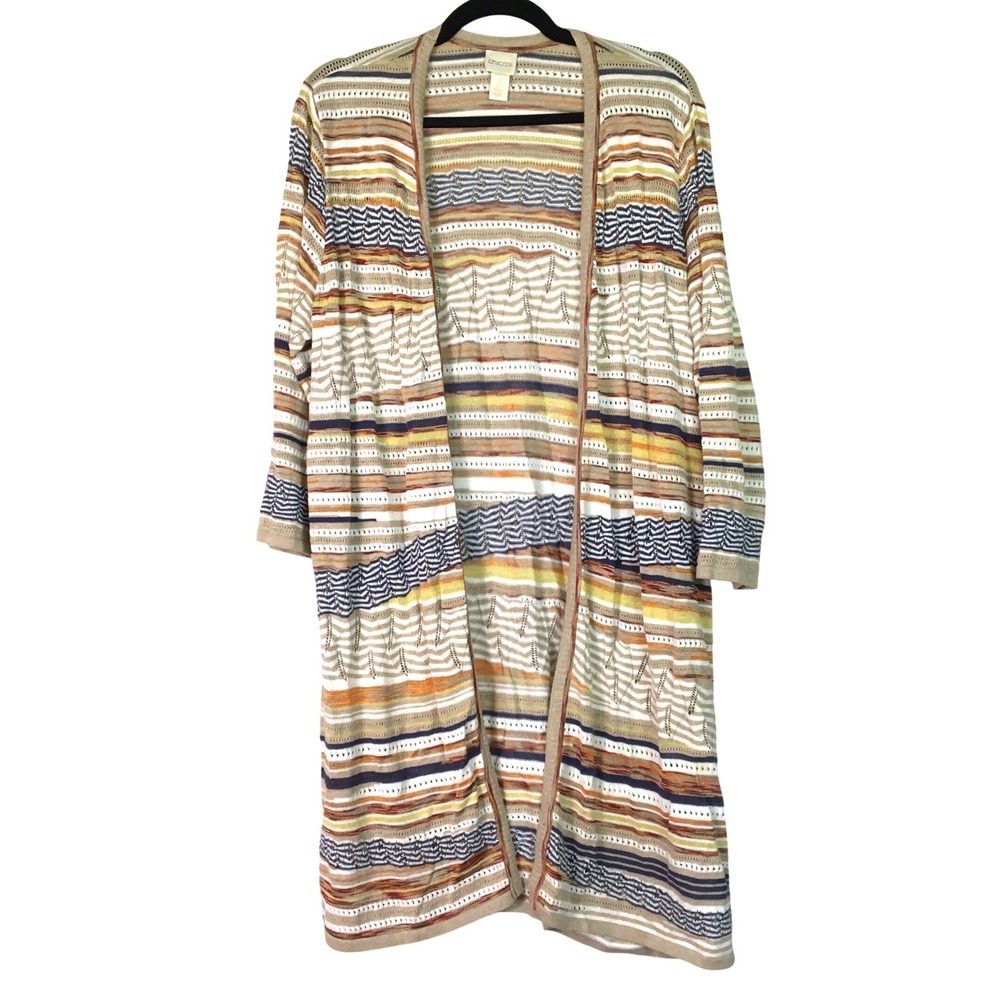 Chico's Multi-Color Striped Pointelle Open Front Cardigan Size 2 Multicolor